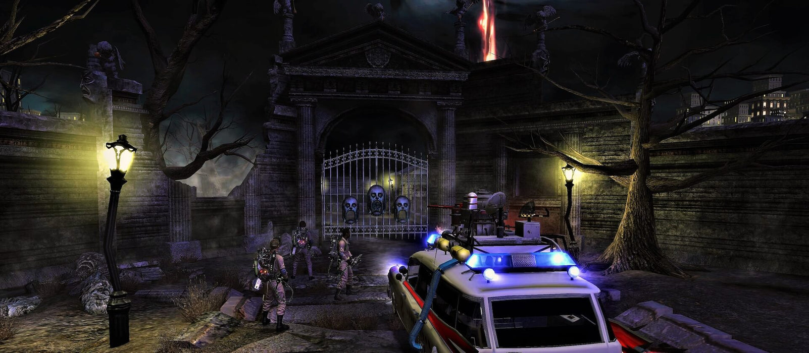 Gameplay screenshot - Dark and eerie mission in Ghostbusters: The Video Game Remastered on PC, featuring the team investigating a haunted cemetery with the Ecto-1 parked nearby. Uncover supernatural mysteries and battle ghosts—buy your PC Steam CD Key at RushGame.co