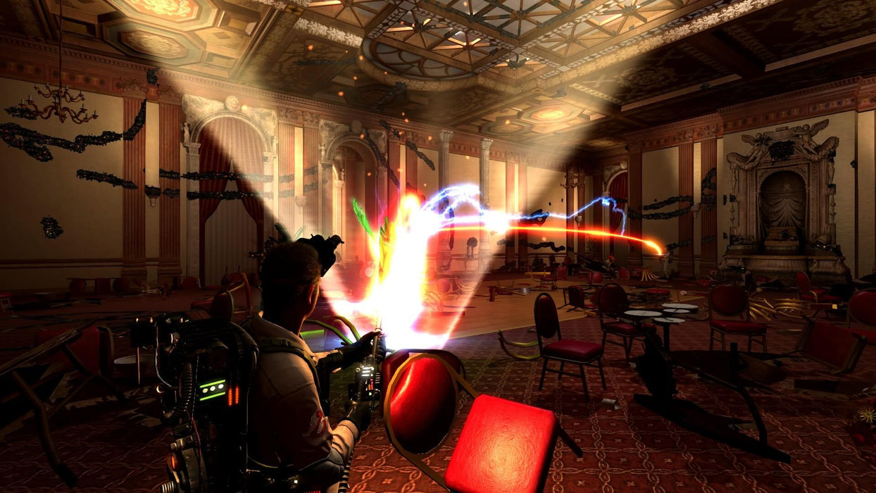 Gameplay screenshot - Intense ghostbusting action in Ghostbusters: The Video Game Remastered on PC, with a player using a proton beam to capture a spirit in a luxurious, haunted ballroom. Experience the thrill of ghost hunting—buy your PC Steam CD Key today at RushGame.co