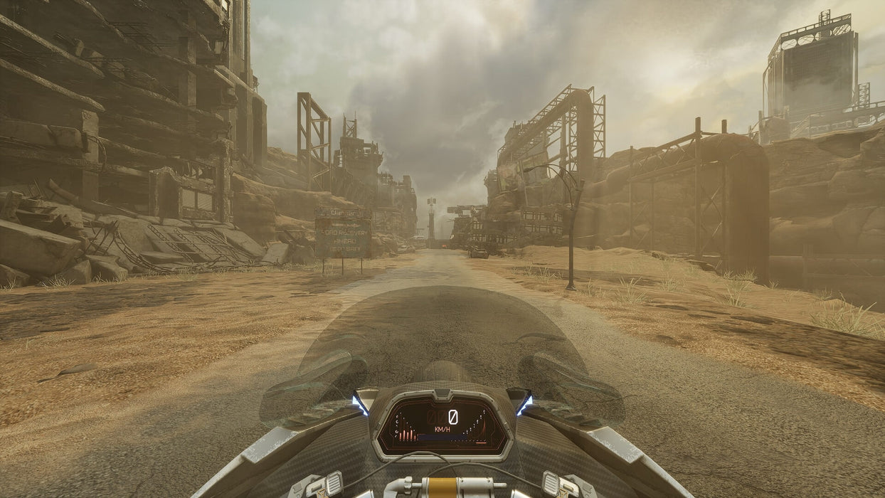 Gameplay screenshot - Post-apocalyptic motorcycle ride in Ghostrunner 2 Deluxe Edition on PC, showing a first-person perspective of the player racing through a desolate wasteland filled with ruins. Experience adrenaline-fueled cyberpunk action—buy your PC Steam CD Key now at RushGame.co