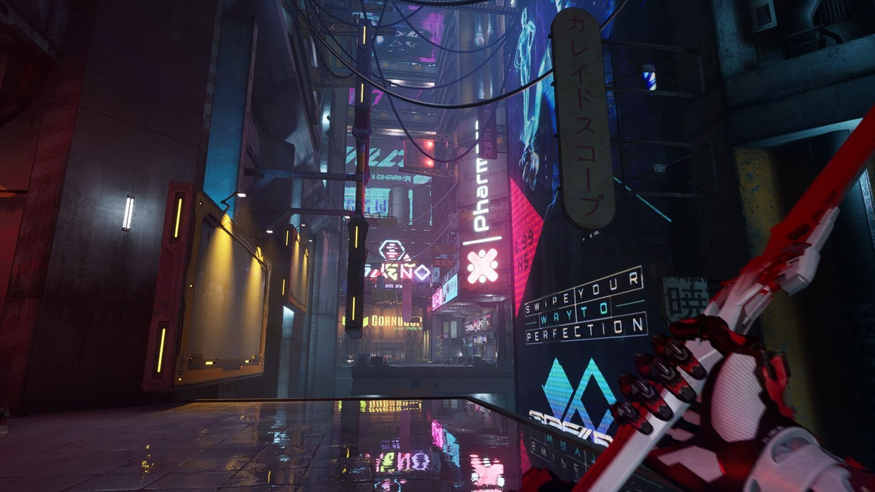 Gameplay screenshot - Neon-drenched cyberpunk cityscape in Ghostrunner 2 Deluxe Edition on PC, with the player navigating rooftops and high-tech corridors using a katana. Parkour through a dystopian world—get your PC Steam CD Key today at RushGame.co!