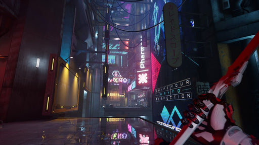 Gameplay screenshot - Neon-drenched cyberpunk cityscape in Ghostrunner 2 Deluxe Edition on PC, with the player navigating rooftops and high-tech corridors using a katana. Parkour through a dystopian world—get your PC Steam CD Key today at RushGame.co!