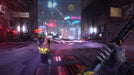 Gameplay screenshot - High-speed katana combat in Ghostrunner 2 Deluxe Edition on PC, showcasing a first-person view of the player engaging in a duel with a cybernetic enemy in a neon-lit city street. Experience fast-paced cyberpunk battles—buy your PC Steam CD Key now at RushGame.co