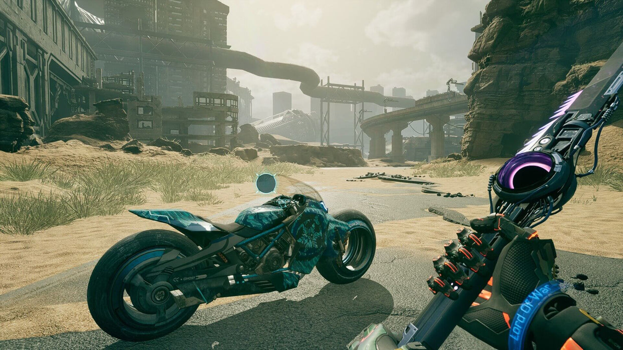 Gameplay screenshot - A cybernetic warrior in Ghostrunner 2 PC Steam stands ready next to a futuristic motorcycle in a dystopian wasteland, wielding a high-tech katana. Prepare for lightning-fast action—grab your game key at RushGame.co