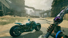 Gameplay screenshot - A cybernetic warrior in Ghostrunner 2 PC Steam stands ready next to a futuristic motorcycle in a dystopian wasteland, wielding a high-tech katana. Prepare for lightning-fast action—grab your game key at RushGame.co