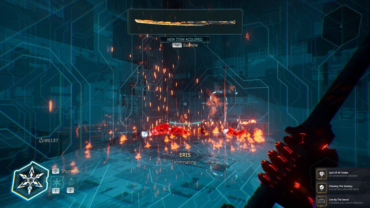 Gameplay screenshot - An intense battle scene in Ghostrunner 2 PC Steam, showcasing a digital cyber-world with fiery effects as a newly acquired katana glows with power. Experience high-speed sword combat and get your digital key at RushGame.co