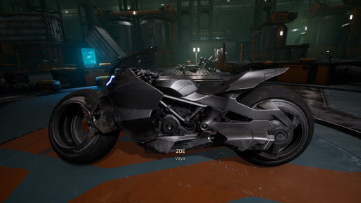 Gameplay screenshot - A close-up of a futuristic motorcycle from Ghostrunner 2 on PC Steam, highlighting its sleek black cyberpunk design. This fast-paced action game offers intense parkour and combat mechanics. Get your Steam CD key now at RushGame.co