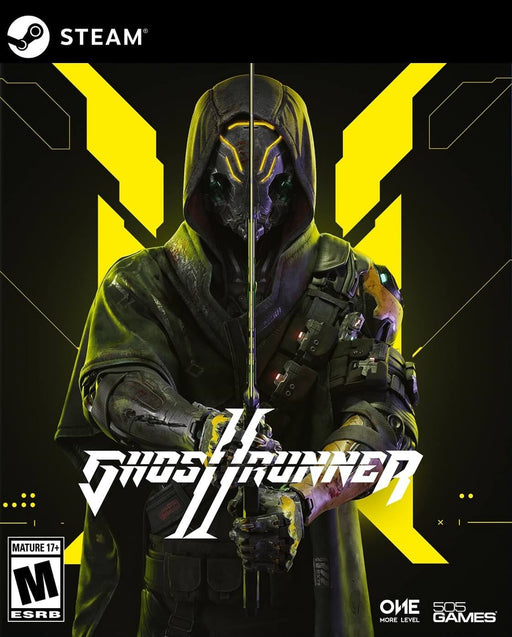Cover art for Ghostrunner 2 PC Steam, featuring the cybernetic ninja protagonist wielding a katana against a neon yellow futuristic backdrop. Buy your digital key at RushGame.co for an adrenaline-fueled cyberpunk experience