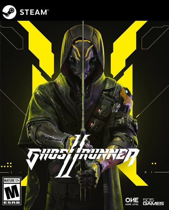 Cover art for Ghostrunner 2 PC Steam, featuring the cybernetic ninja protagonist wielding a katana against a neon yellow futuristic backdrop. Buy your digital key at RushGame.co for an adrenaline-fueled cyberpunk experience