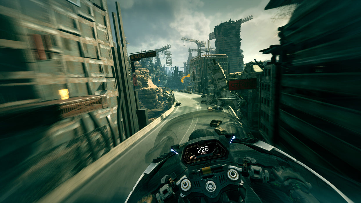 Gameplay screenshot - High-speed motorcycle chase through a ruined cyberpunk city in Ghostrunner 2 on PS5, with the player accelerating down a futuristic highway at breakneck speed. Experience adrenaline-fueled parkour and combat—get your PS5 CD Key (NA) now at RushGame.co!