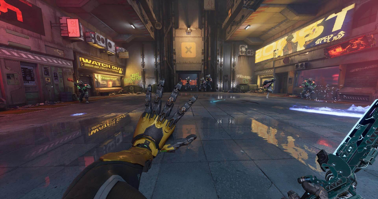 Gameplay screenshot - Intense urban combat in Ghostrunner 2 on PS5, featuring the player engaging multiple cyber-enhanced enemies in a neon-lit alleyway. Slice through foes with lightning-fast reflexes—buy your PS5 CD Key (NA) today at RushGame.co