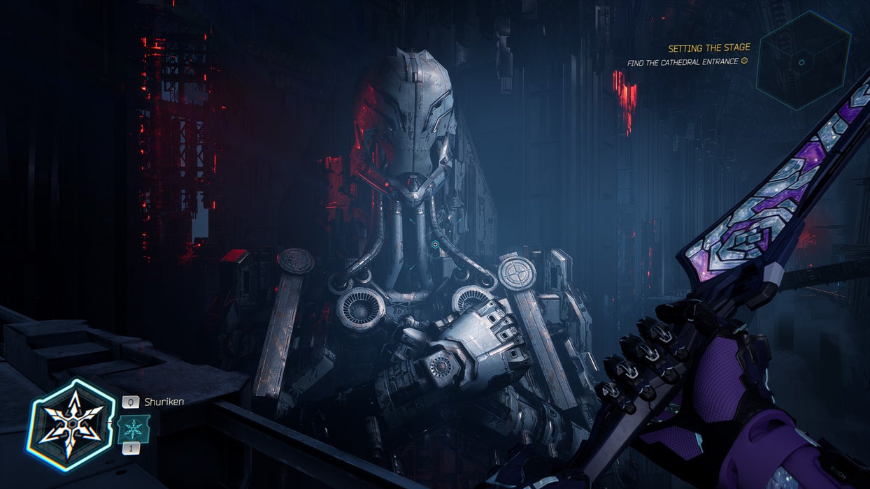 Gameplay screenshot - First-person combat in Ghostrunner 2 on PS5, showcasing the player wielding a high-tech katana against a towering robotic enemy in a dark, cybernetic fortress. Master precision slashes and parkour—buy your PS5 CD Key (NA) at RushGame.co