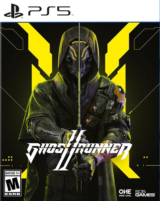 Official cover art for Ghostrunner 2 on PS5, featuring the cybernetic ninja protagonist wielding a katana against a striking yellow and black background. Experience fast-paced cyberpunk action—get your PS5 CD Key (NA) now at RushGame.co!