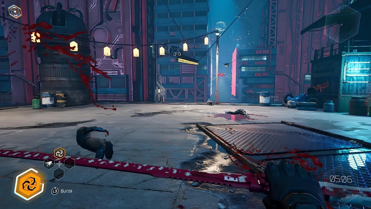 Gameplay screenshot - An intense combat scene in Ghostrunner , with a bloodied cybernetic katana in hand, surrounded by defeated enemies in a futuristic metropolis. The game's high-speed melee action and cyberpunk aesthetic shine in this thrilling moment. Get your Ghostrunner PC GOG CD Key now at RushGame.co and slash your way through enemies
