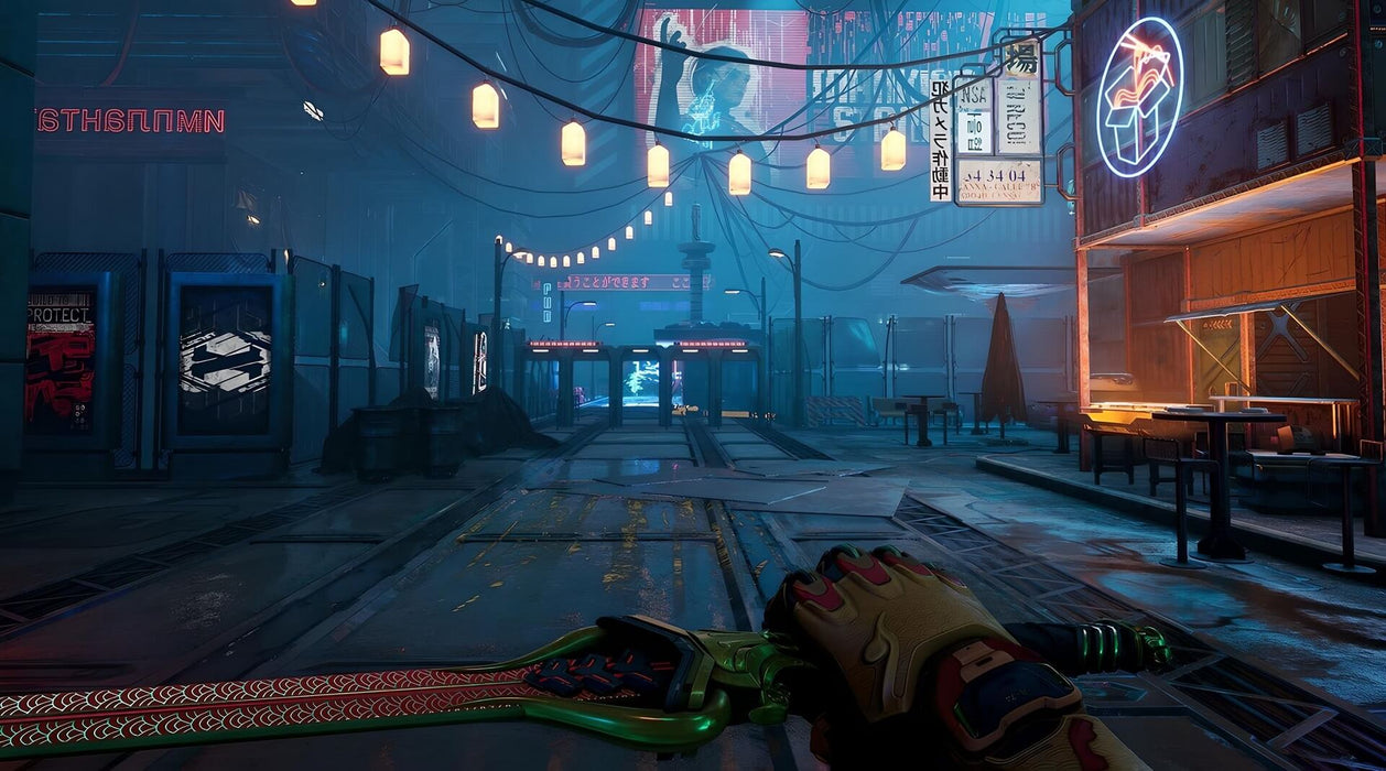 Gameplay screenshot - A neon-lit cyberpunk cityscape in Ghostrunner , featuring a futuristic marketplace with glowing billboards, hanging lanterns, and a sleek, cybernetic sword held by the player. The atmosphere is immersive, highlighting the game’s detailed world-building. Purchase your Ghostrunner PC GOG CD Key at RushGame.co for instant access