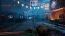 Gameplay screenshot - A neon-lit cyberpunk cityscape in Ghostrunner , featuring a futuristic marketplace with glowing billboards, hanging lanterns, and a sleek, cybernetic sword held by the player. The atmosphere is immersive, highlighting the game’s detailed world-building. Purchase your Ghostrunner PC GOG CD Key at RushGame.co for instant access