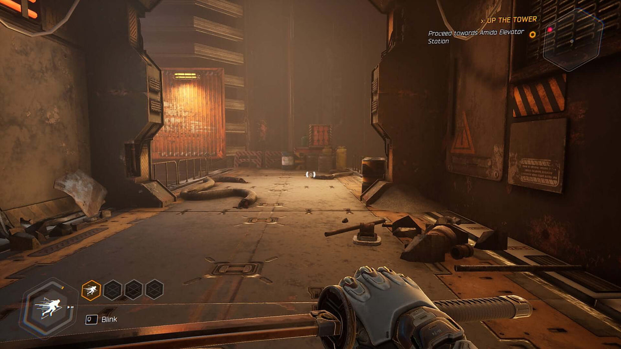Gameplay screenshot - A cyberpunk-inspired first-person perspective view from Ghostrunner, showcasing a dystopian industrial corridor filled with debris and rusted metal structures. The player wields a sleek cybernetic katana, ready for fast-paced action. Get your Ghostrunner PC GOG CD Key at RushGame.co for an adrenaline-fueled experience