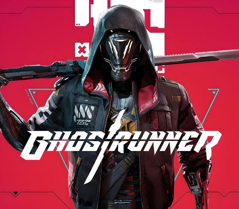 Official cover art for Ghostrunner on PC Steam, featuring a cybernetic warrior in a high-tech suit holding a glowing katana. The bold yellow and black background enhances the cyberpunk theme. Secure your Ghostrunner PC GOG CD Key from RushGame.co for a high-octane action experience