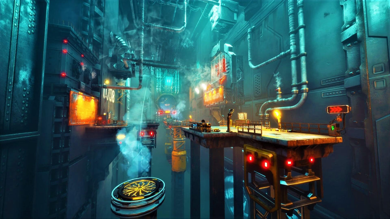 Gameplay screenshot - A high-tech industrial complex from Ghostrunner on PC Steam, filled with towering structures, glowing neon signs, and intricate pathways. Master fast-paced combat and parkour—buy your Ghostrunner Steam CD key now at RushGame.co