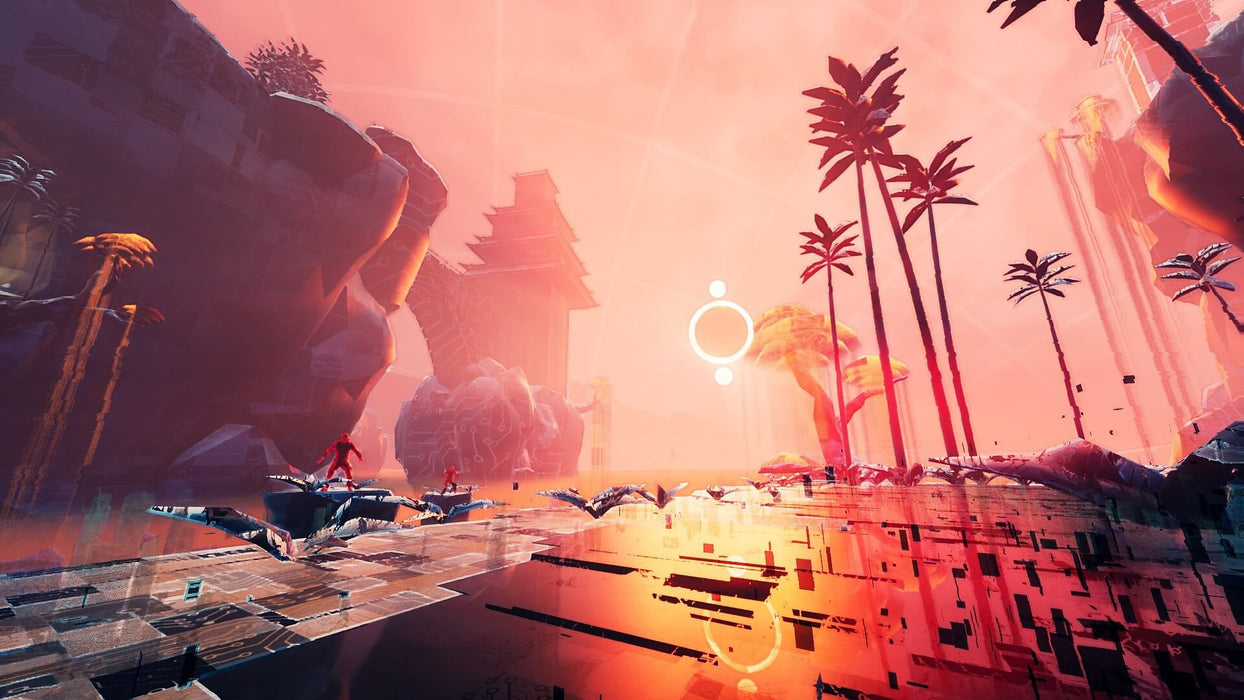 Gameplay screenshot - A surreal, digital landscape from Ghostrunner on PC Steam, featuring glitching environments, floating platforms, and a stunning orange-hued sky. Experience the high-speed action of Ghostrunner by getting your Steam CD key at RushGame.co