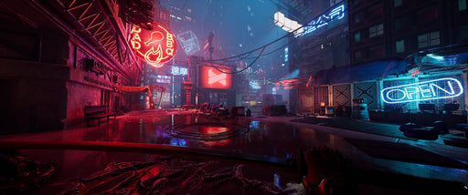 Gameplay scene - A neon-lit cyberpunk cityscape from Ghostrunner on PC Steam, showcasing a dystopian world with glowing billboards, futuristic architecture, and a gritty urban environment. Buy your Ghostrunner Steam key at RushGame.co and dive into fast-paced parkour action