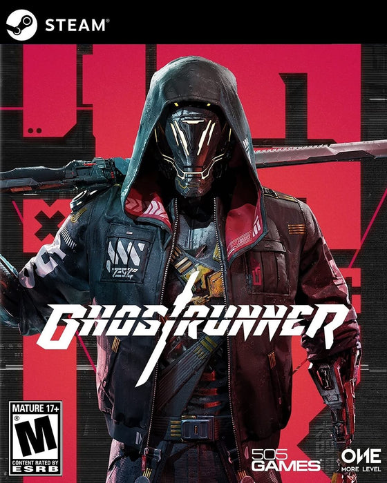 Official cover art for Ghostrunner on PC Steam, featuring the cyberpunk assassin wielding a katana, set against a neon-red futuristic backdrop. Get your Ghostrunner Steam key now at RushGame.co for an adrenaline-fueled action experience