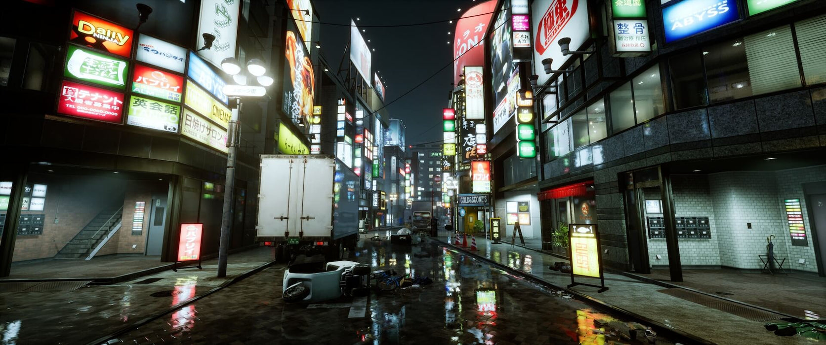 Gameplay screenshot - hauntingly empty Tokyo street from GhostWire: Tokyo on PC Steam, illuminated by neon signs reflecting on wet pavement, with scattered debris hinting at the supernatural mystery. Explore the ghost-infested city—get your Steam CD key at RushGame.co