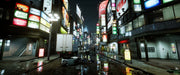 Gameplay screenshot - hauntingly empty Tokyo street from GhostWire: Tokyo on PC Steam, illuminated by neon signs reflecting on wet pavement, with scattered debris hinting at the supernatural mystery. Explore the ghost-infested city—get your Steam CD key at RushGame.co