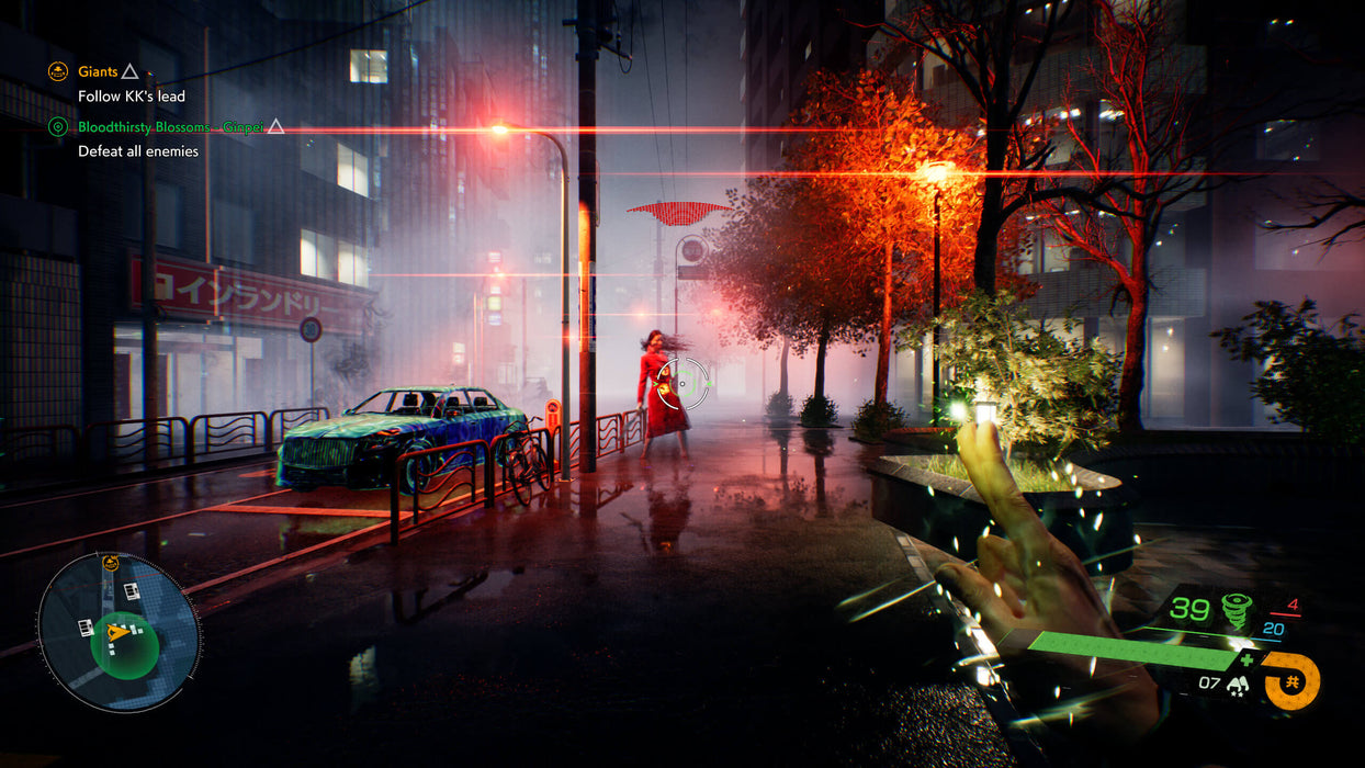 Gameplay screenshot - A tense combat scene from GhostWire: Tokyo on PC Steam, where the protagonist uses mystical energy against a ghostly figure in a fog-covered Tokyo street. Experience supernatural battles and urban horror—buy your GhostWire: Tokyo Steam key now at RushGame.co