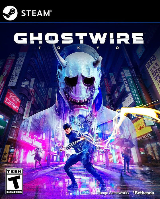 Cover art for GhostWire: Tokyo on PC Steam, featuring a masked supernatural entity looming over the protagonist wielding ethereal powers in a neon-lit Tokyo street. Buy your GhostWire: Tokyo Steam key now at RushGame.co and explore the haunted city