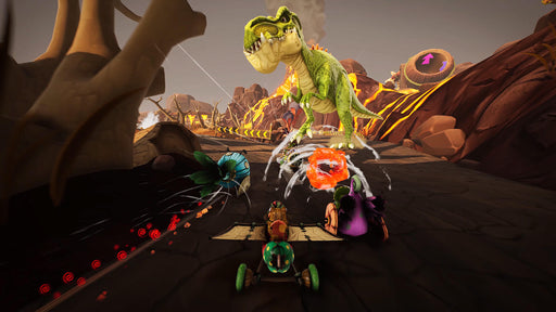 Gameplay screenshot from Gigantosaurus: Dino Kart on Xbox One and Xbox Series X/S, showing racers speeding down a volcanic track while a massive T-Rex looms ahead. Experience thrilling prehistoric kart racing—get your Xbox CD key now at RushGame.co