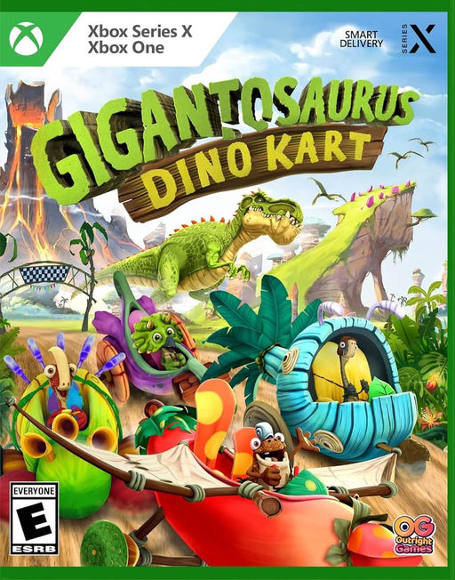 Official cover art for Gigantosaurus: Dino Kart on Xbox One and Xbox Series X/S, featuring dinosaur characters racing in colorful jungle-themed karts with an erupting volcano in the background. Buy your Gigantosaurus: Dino Kart Xbox key now at RushGame.co and enjoy exciting prehistoric kart racing