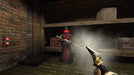 Gameplay screenshot - A tense confrontation in Gloomwood on PC Steam, where the player aims a revolver at a menacing enemy with glowing red eyes, dressed in a long coat and wielding a rifle. Experience thrilling stealth and action—get your Steam CD key now at RushGame.co