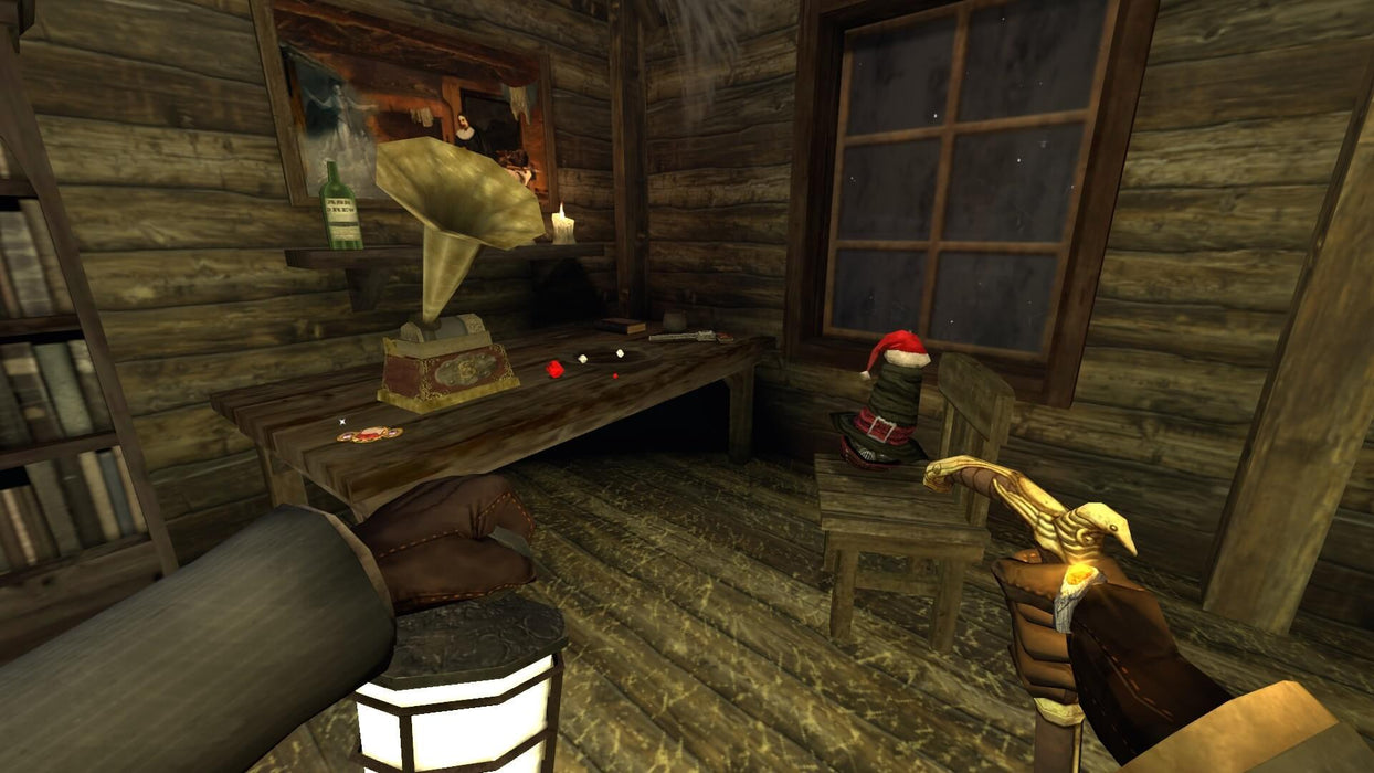 Gameplay screenshot - A dimly lit wooden cabin in Gloomwood on PC Steam, featuring an old phonograph, scattered items, and eerie lighting. Explore the game's immersive stealth horror world—buy your Gloomwood Steam key now at RushGame.co