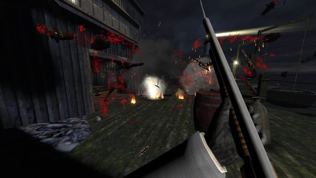 Gameplay screenshot from Gloomwood on PC Steam, showing an intense first-person combat scene with a shotgun-wielding player blasting an enemy in a shadowy wooden alley. Get your Gloomwood Steam CD key now at RushGame.co and survive the horrors lurking in the darkness