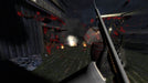 Gameplay screenshot from Gloomwood on PC Steam, showing an intense first-person combat scene with a shotgun-wielding player blasting an enemy in a shadowy wooden alley. Get your Gloomwood Steam CD key now at RushGame.co and survive the horrors lurking in the darkness