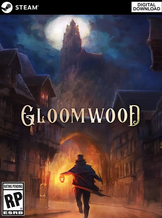 Official cover art for Gloomwood on PC Steam, featuring a mysterious figure holding a lantern while walking through a dark, foggy city under a full moon. Buy your Gloomwood Steam key now at RushGame.co and experience a thrilling stealth-horror adventure