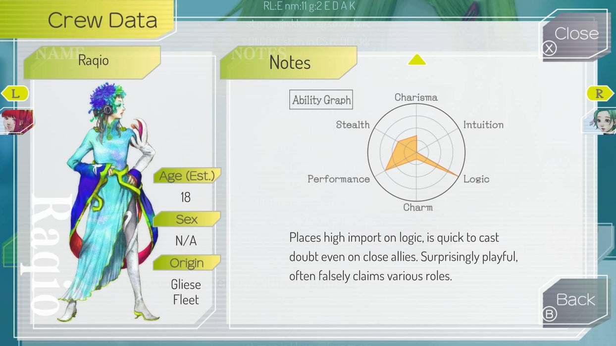 Gameplay screenshot - A character profile of Raqio in Gnosia, displaying RPG-style stats for stealth, charisma, and logic. Make crucial decisions and unravel the truth—grab your Steam CD Key at RushGame.co