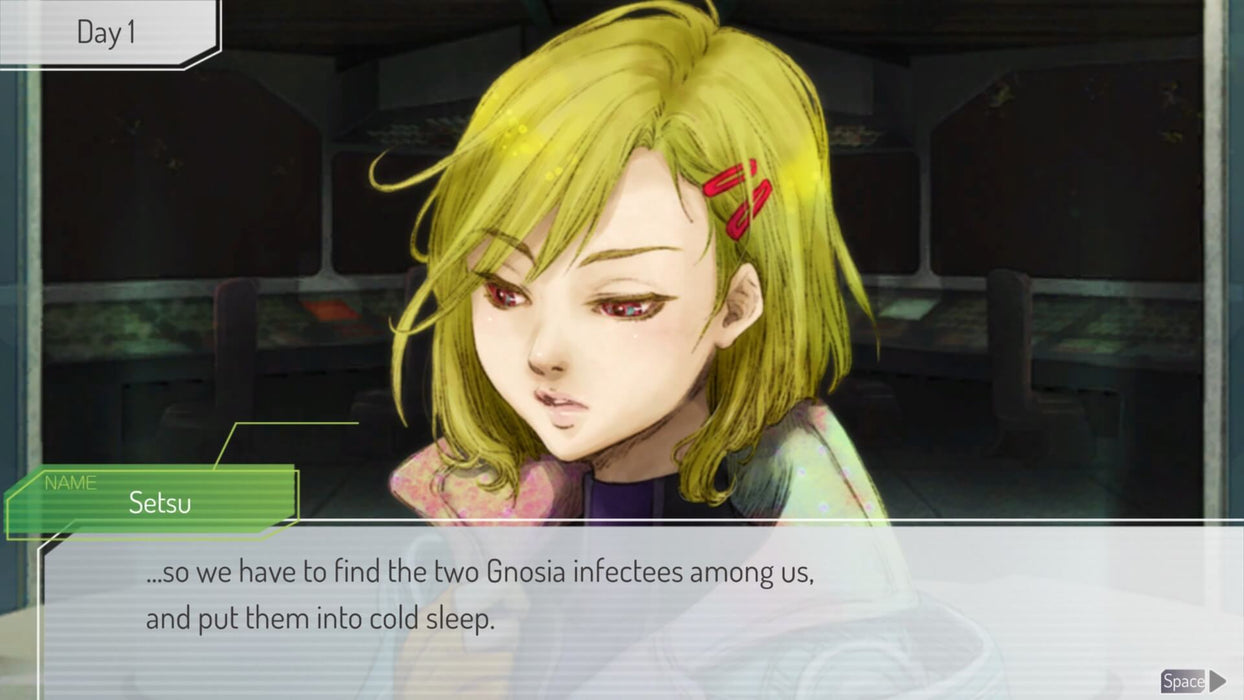 Gameplay screenshot - A dialogue scene with Setsu discussing the need to identify the Gnosia infectees among the crew. This gripping deduction game offers deep narrative choices—available now at RushGame.co
