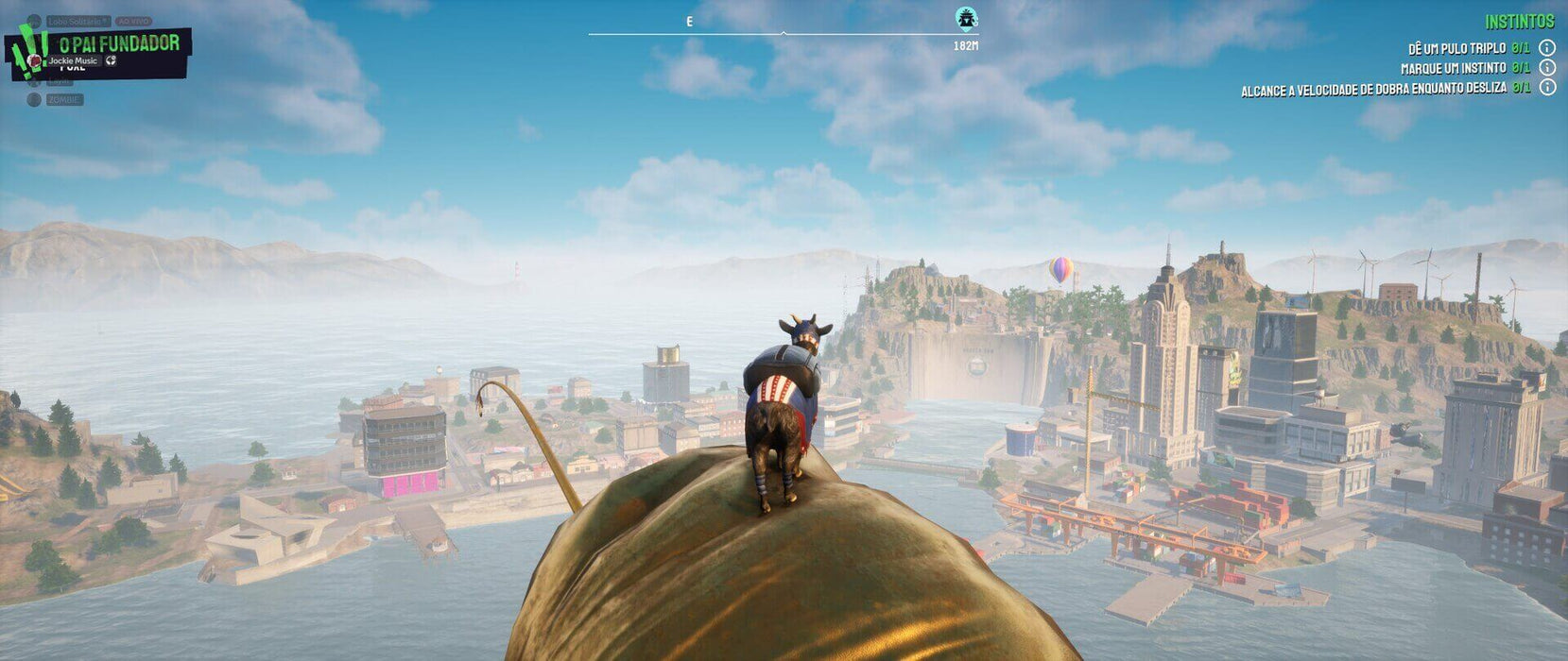 Gameplay screenshot - Goat on Mountaintop - A heroic goat stands atop a giant structure overlooking an open-world cityscape in Goat Simulator 3 for Xbox Series X/S. Explore absurd adventures—buy your Goat Simulator 3 Key AR at RushGame.co today