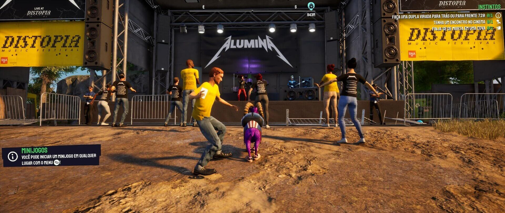 Gameplay screenshot - music festival A chaotic festival scene in Goat Simulator 3 on Xbox Series X/S, with a purple-clad goat disrupting a rock concert at the Distopia Music Festival. Experience hilarious mayhem—get your Xbox Series X/S Key AR at RushGame.co