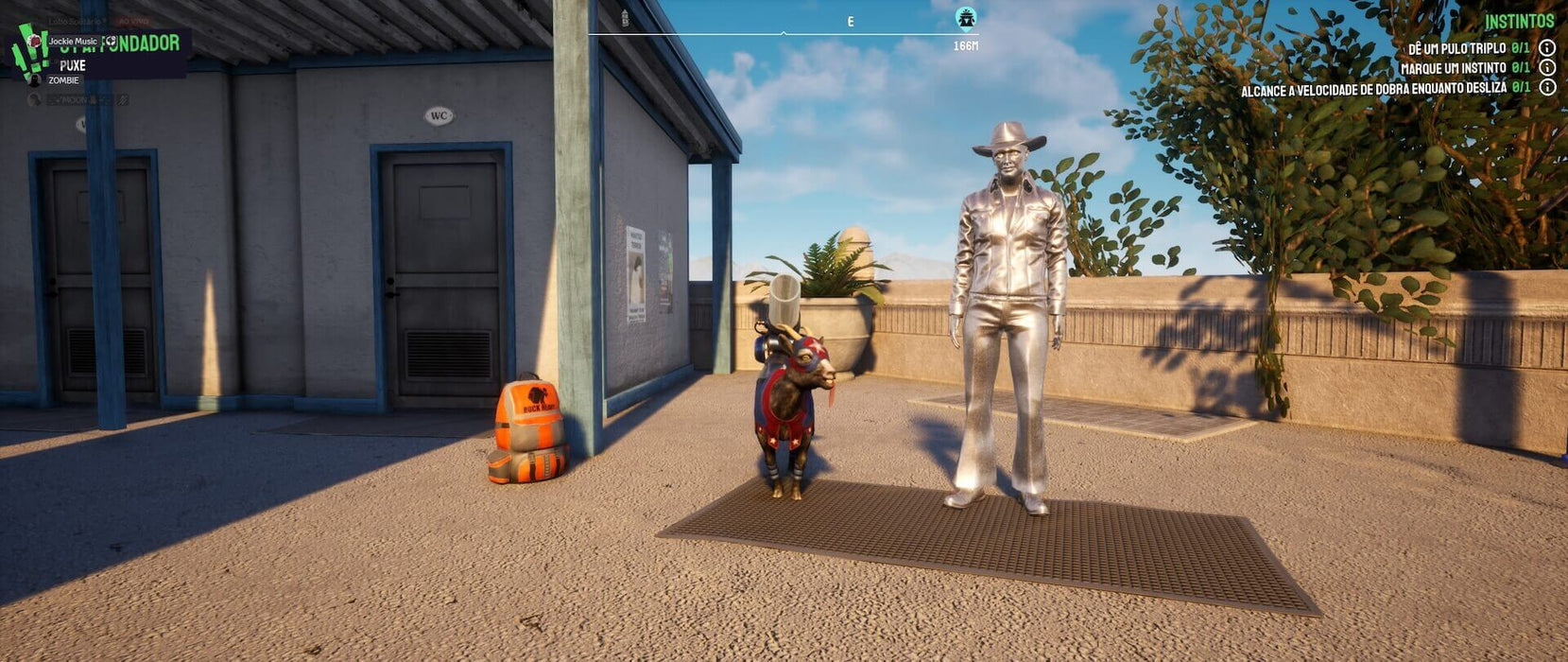 Gameplay screenshot - A costumed goat stands next to a life-sized silver statue in Goat Simulator 3 on Xbox Series X/S. Unleash ultimate goat chaos—purchase your Xbox Series X/S Key AR instantly at RushGame.co