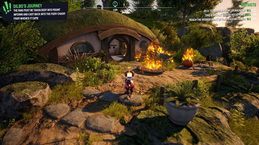 Gameplay screenshot - A hilarious in-game scene from Goat Simulator 3 on PC, featuring a goat exploring a burning hobbit-style house in a lush, open-world environment. Get your Goat Simulator 3 Epic Games CD Key now at RushGame.co for instant digital delivery