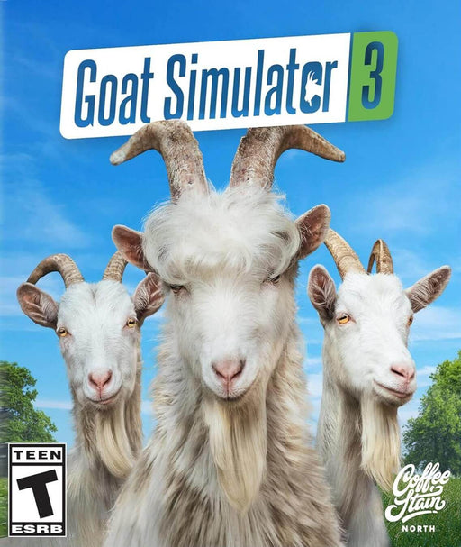 Cover art for Goat Simulator 3 on PC, featuring three goats staring directly ahead with a mischievous look. Purchase your Goat Simulator 3 Epic Games CD Key now at RushGame.co for instant activation