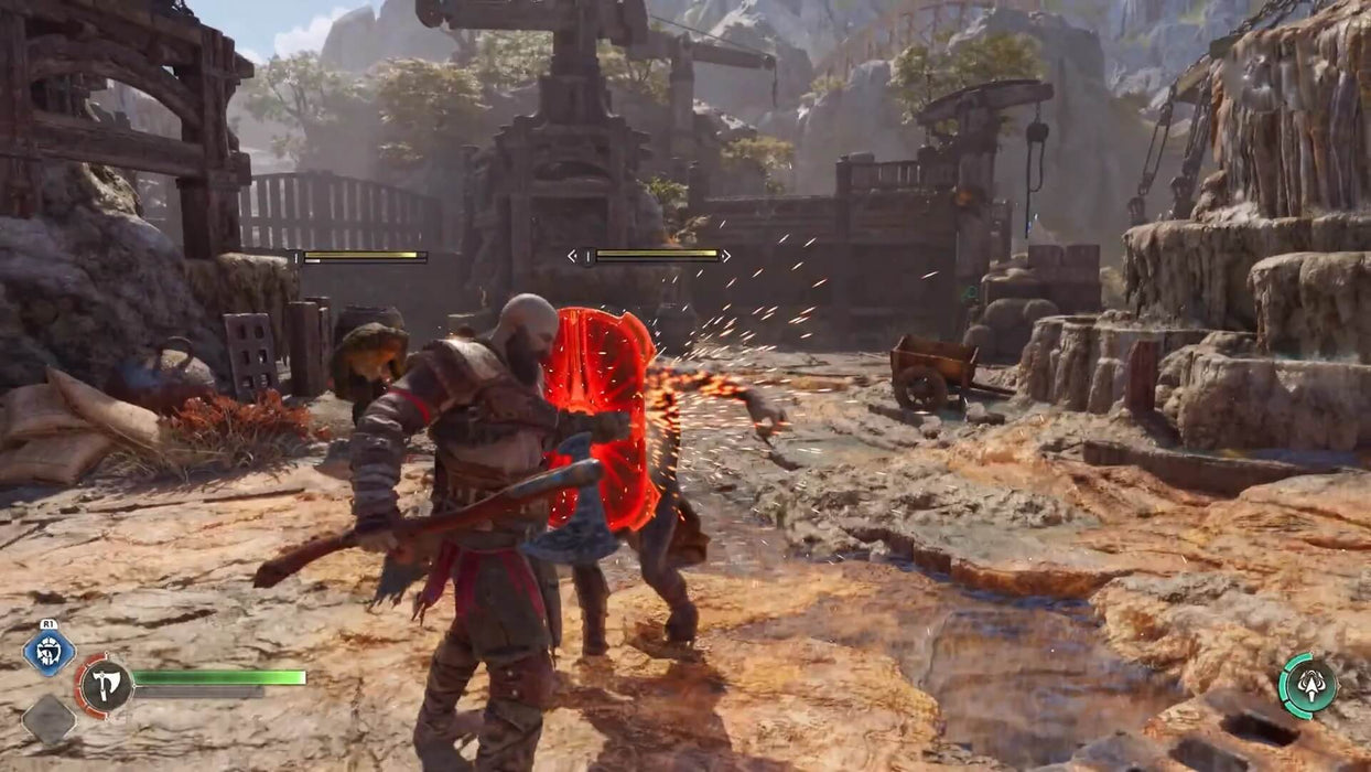 Gameplay screenshot - Kratos unleashes a fiery attack on an enemy in God of War Ragnarök, with sparks flying in an intense battle sequence. Dominate the battlefield—purchase your God of War Ragnarök Deluxe Edition PS4/PS5 CD Key at RushGame.co today
