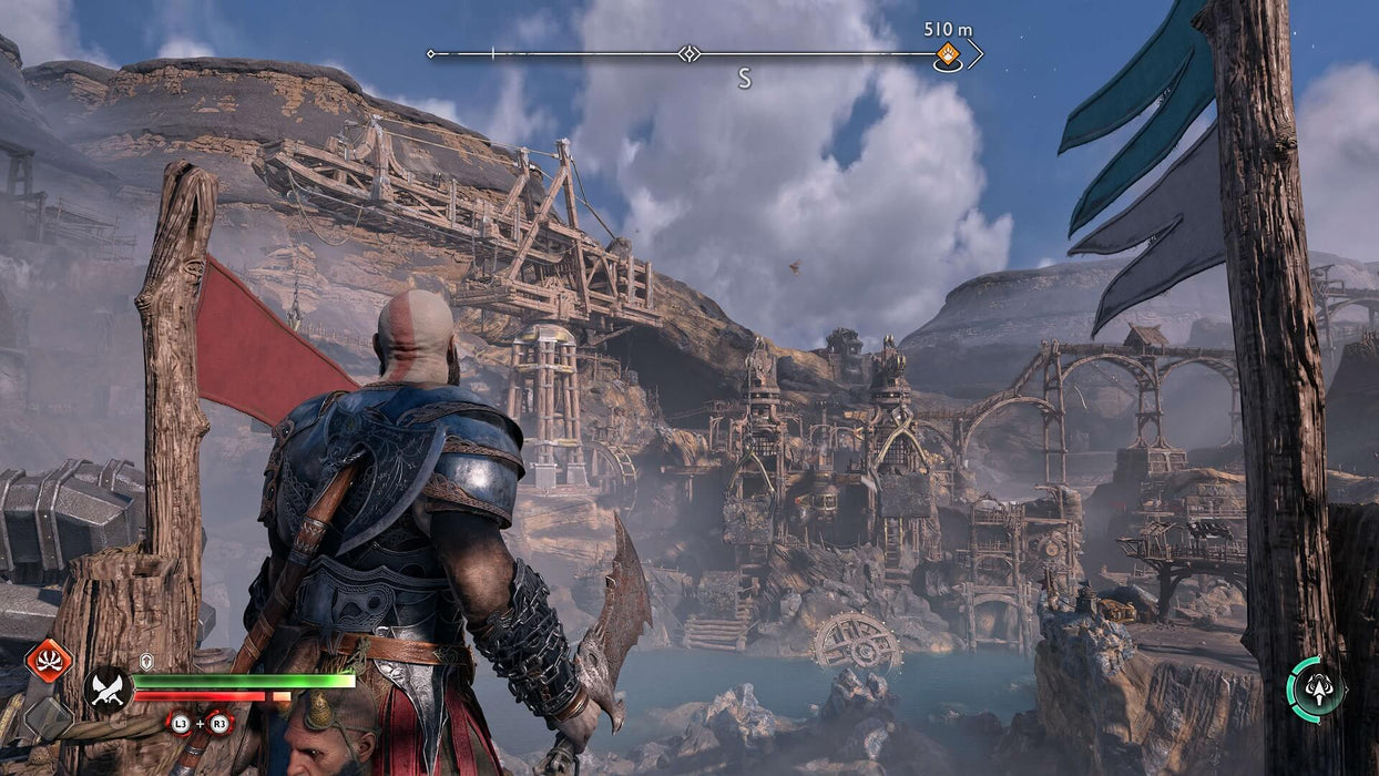 Gameplay screenshot - Kratos surveys an ancient, abandoned Nordic settlement in God of War Ragnarök on PS5. Experience epic battles and breathtaking landscapes—get your Deluxe Edition CD Key US at RushGame.co