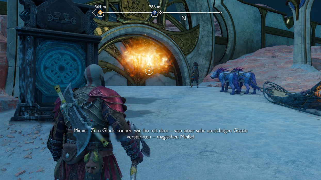 Gameplay screenshot - Kratos stands before a glowing magical door in a frozen landscape in God of War Ragnarök on PS5, accompanied by mystical creatures. Uncover the secrets of Norse mythology—buy your CD Key US at RushGame.co today