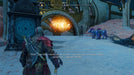 Gameplay screenshot - Kratos stands before a glowing magical door in a frozen landscape in God of War Ragnarök on PS5, accompanied by mystical creatures. Uncover the secrets of Norse mythology—buy your CD Key US at RushGame.co today