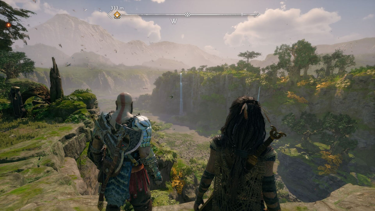 Gameplay screenshot - Kratos and an ally stand on a cliff, overlooking a lush valley with waterfalls in God of War Ragnarök on PS5. Explore breathtaking environments—get your PS5 CD Key US instantly at RushGame.co