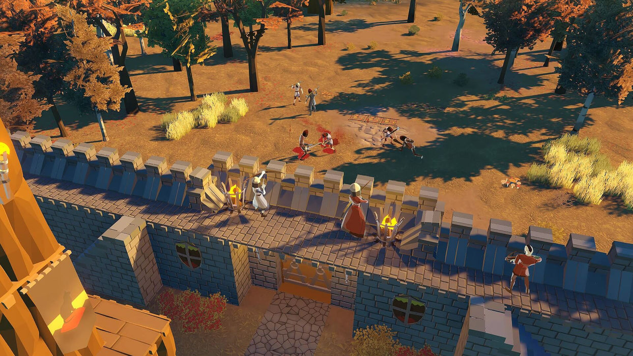 Gameplay screenshot - A fortified castle under siege in Going Medieval for PC. Watch as defenders hold off invading enemies with bows and swords. Secure your Steam key now at RushGame.co and build your medieval empire