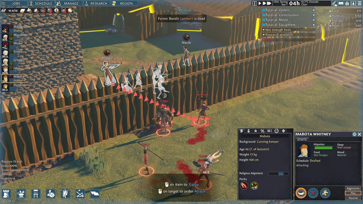 Gameplay screenshot from Going Medieval on PC, showing a strategic battle where archers defend a wooden palisade against attacking bandits. Experience medieval survival and build your kingdom with an instant Steam key from RushGame.co